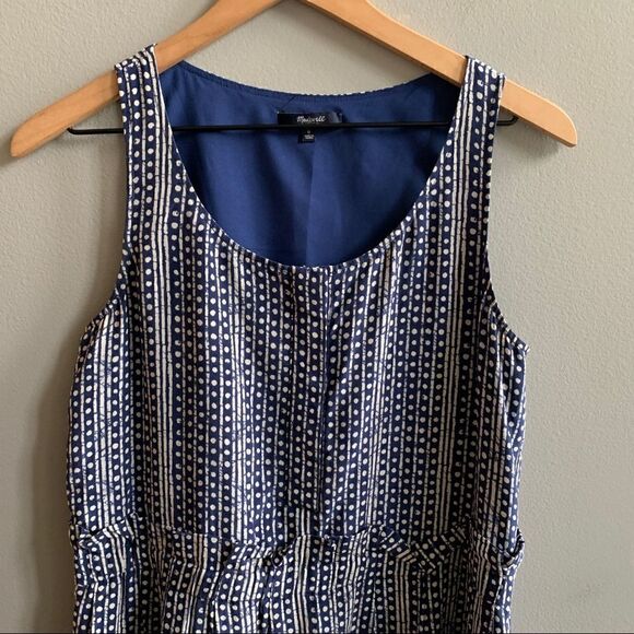 Madewell Blue Batik Striped Silk Ruffle Dress Size 0 Navy Polka Dot - Picture 4 of 14